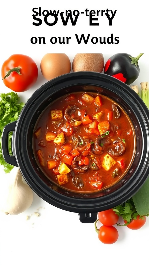 A slow cooker filled with a hearty vegetable stew, surrounded by fresh vegetables.