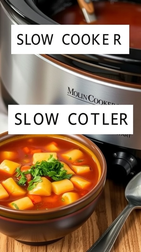 A bowl of slow cooker soup with diced potatoes and vegetables