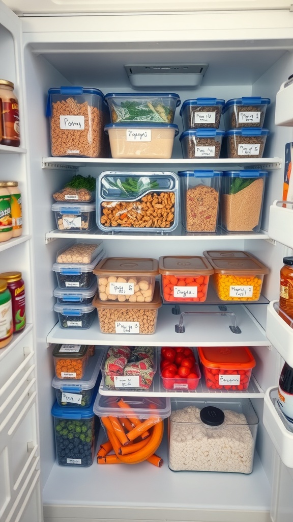 Organized freezer with labeled containers filled with various foods.