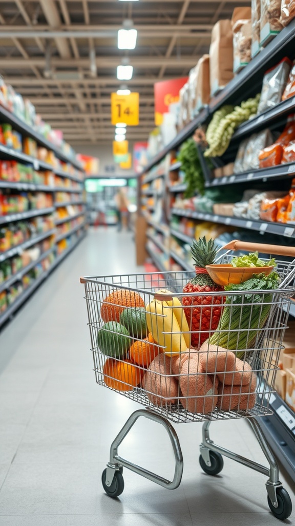 A shopping cart filled with fresh fruits and vegetables in a grocery store aisle.