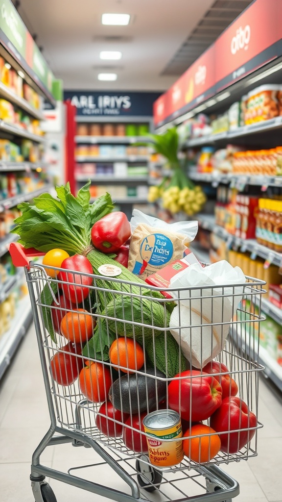 A grocery cart filled with fresh vegetables and canned goods in a supermarket aisle.