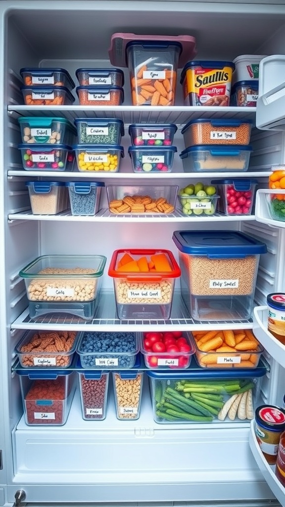 An organized refrigerator filled with labeled containers of various food items.