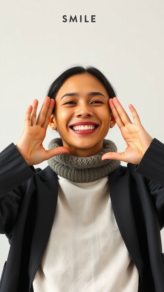 A smiling person with hands framing their face, promoting positivity and facial exercises