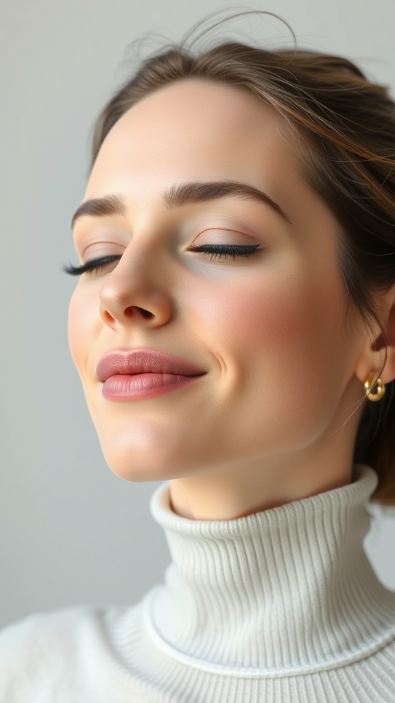 A woman smiling softly with her eyes closed, showcasing a calm expression and subtle beauty.