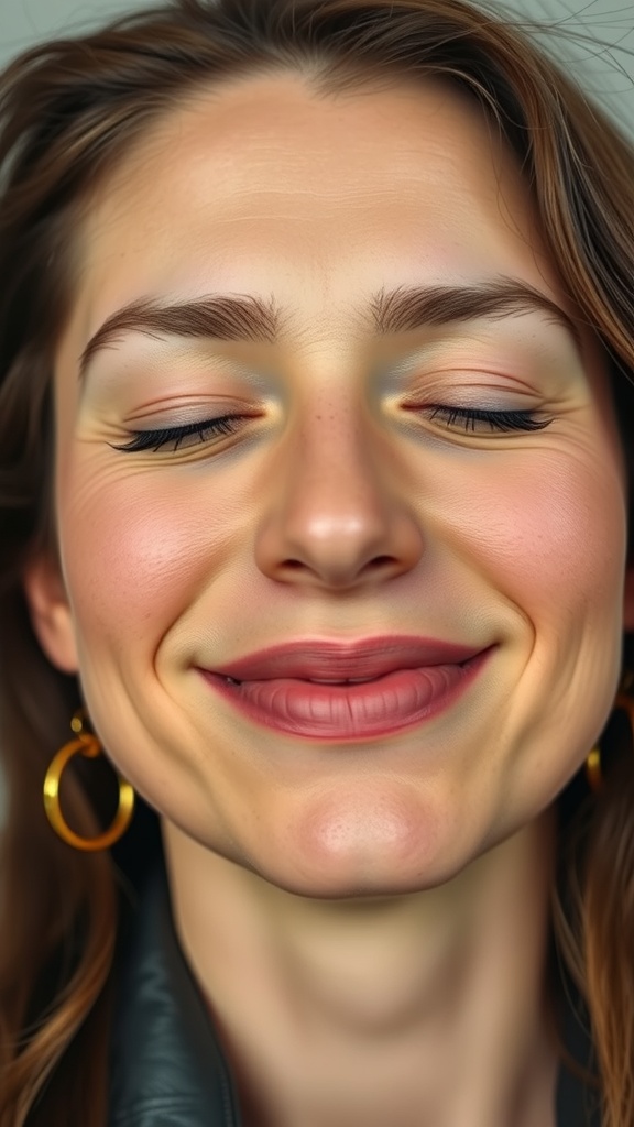 A close-up of a woman smiling with her eyes closed, showcasing a joyful expression.