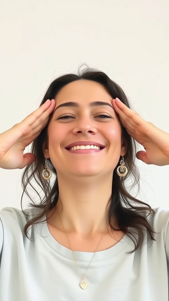 A woman smiling with her hands on her forehead, demonstrating a facial yoga move.