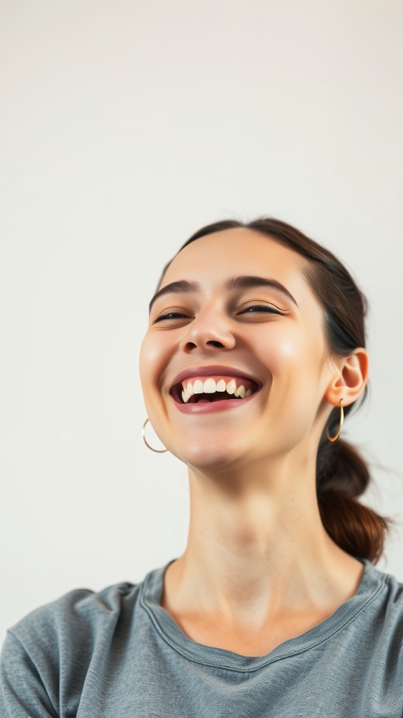 A young woman smiling widely with a joyful expression, showcasing a natural and glowing appearance.