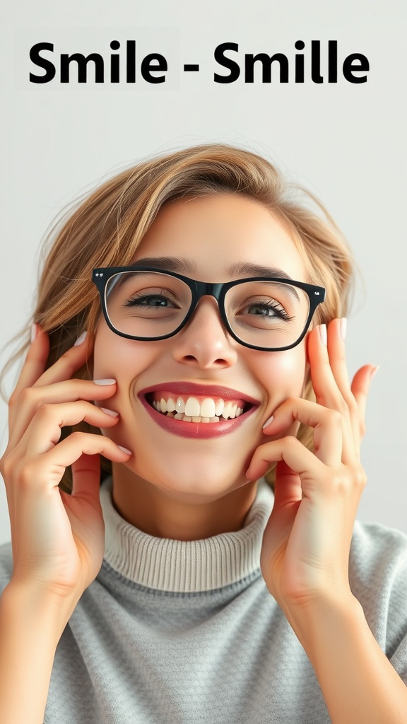 A person smiling broadly, demonstrating the Smile Smoother face yoga move, with a focus on enhancing lips.