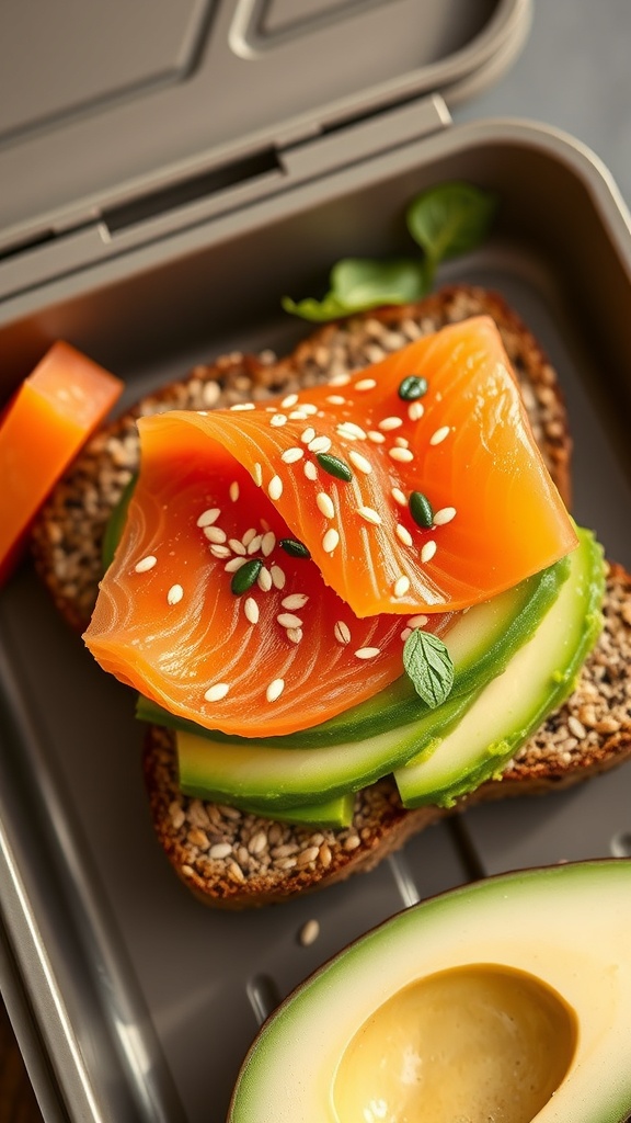 A delicious smoked salmon and avocado toast in a lunchbox with sesame seeds and herbs.