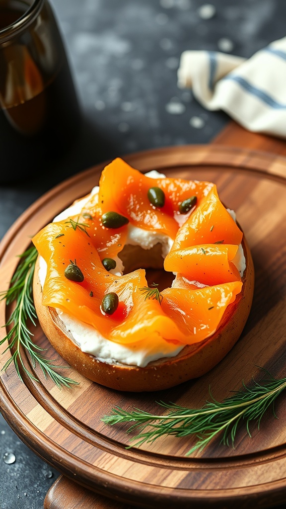 A smoked salmon and cream cheese bagel topped with capers and herbs on a wooden board.