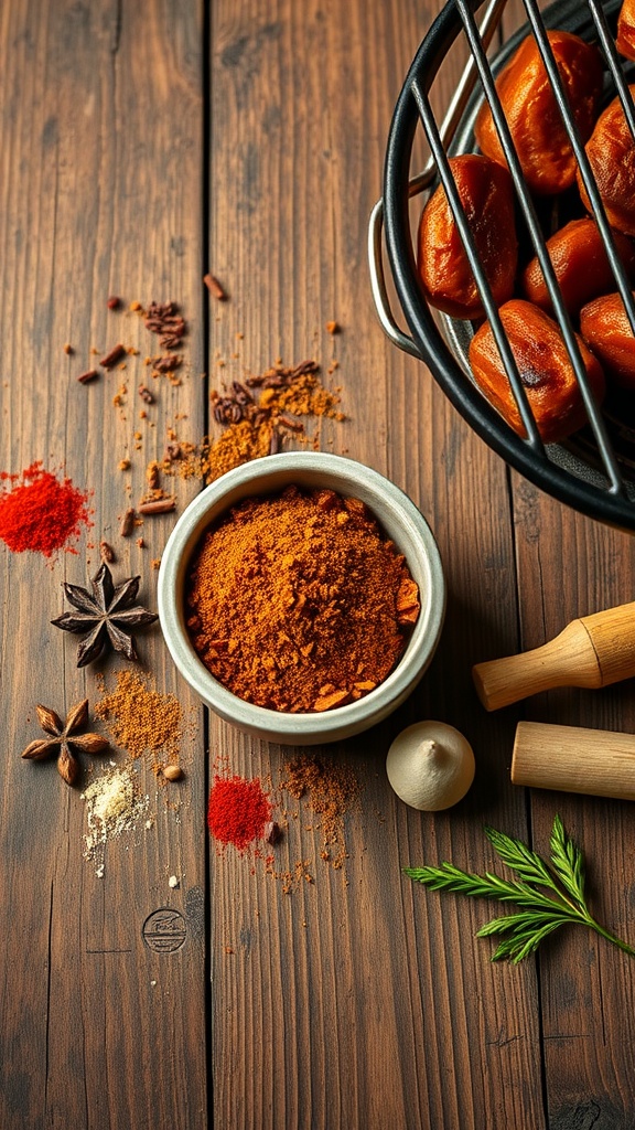 A bowl of smoky BBQ rub surrounded by various spices.