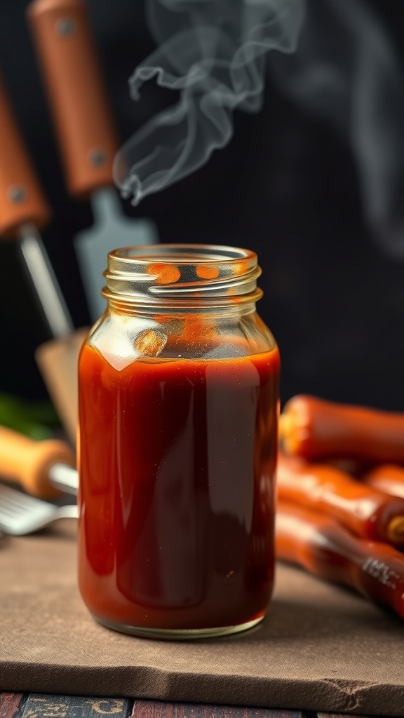 A jar of smoky BBQ sauce with grilling tools in the background.