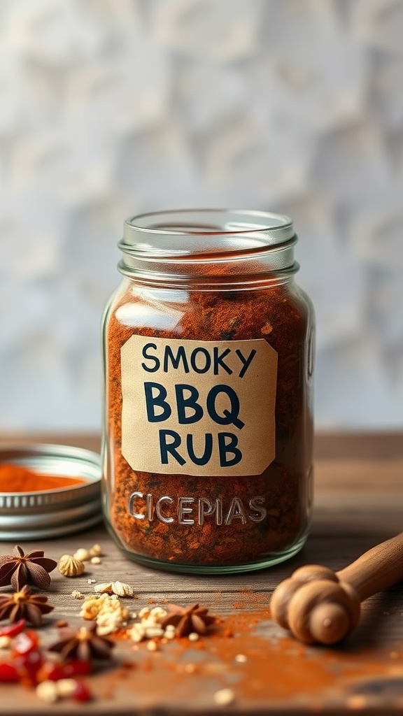 A jar of Smoky BBQ Spice Rub with a label and scattered spices around it.