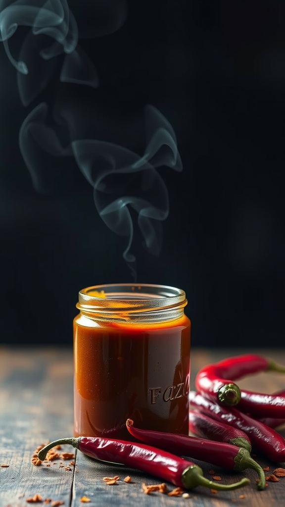 Smoky Chipotle Barbecue Sauce in a jar surrounded by red chilies