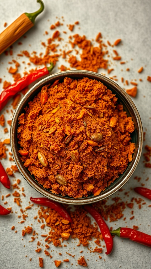 A bowl of Smoky Chipotle BBQ Rub surrounded by red chilies and spices.