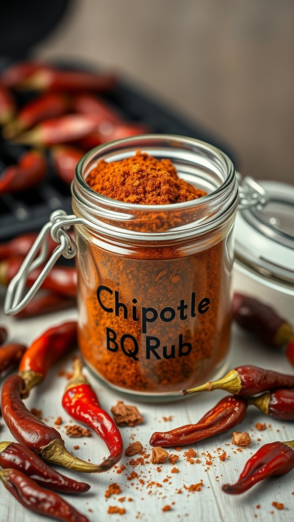 A jar of Smoky Chipotle BBQ Rub next to dried red chilies.