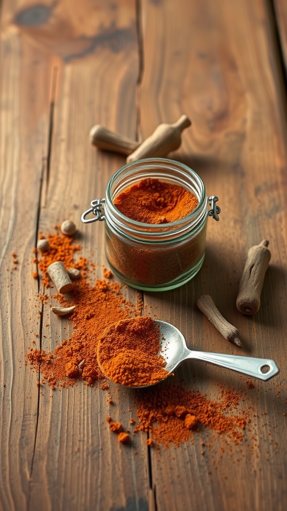A jar of smoky chipotle BBQ rub with spices on a wooden surface.