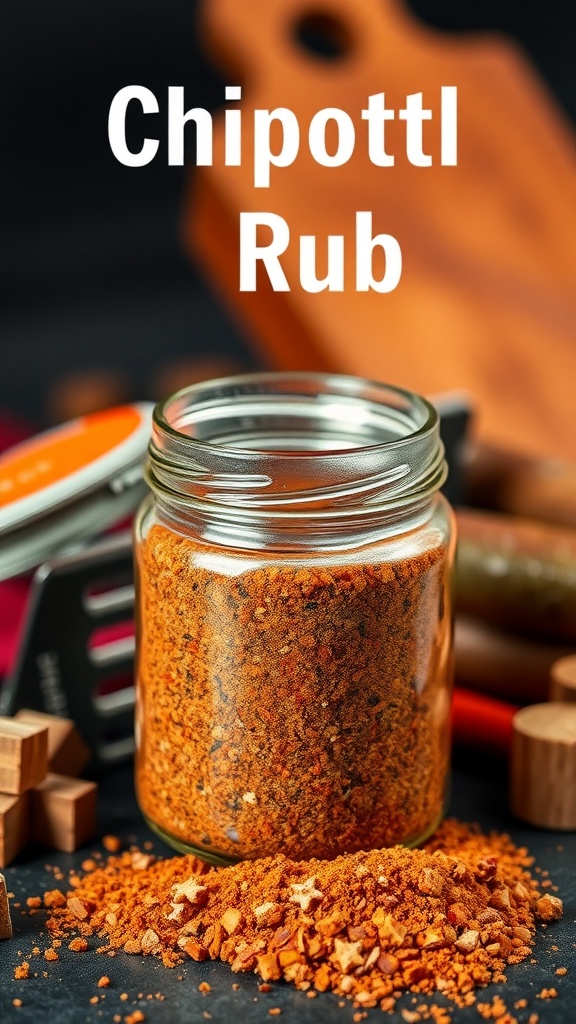 A jar of homemade chipotle BBQ rub with a sprinkle of seasoning around it.