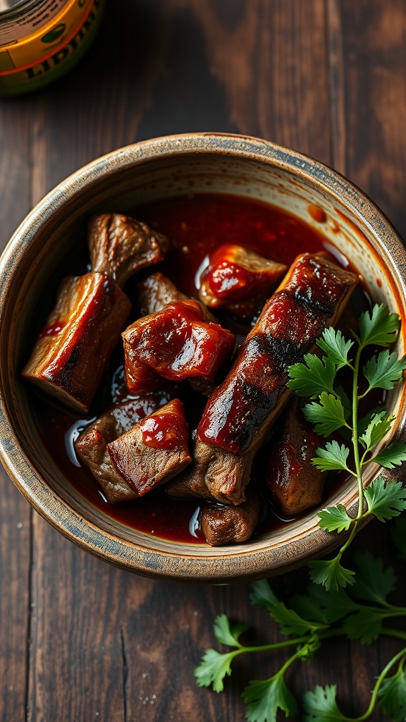 Delicious smoky chipotle BBQ sauce in a bowl with cilantro garnish