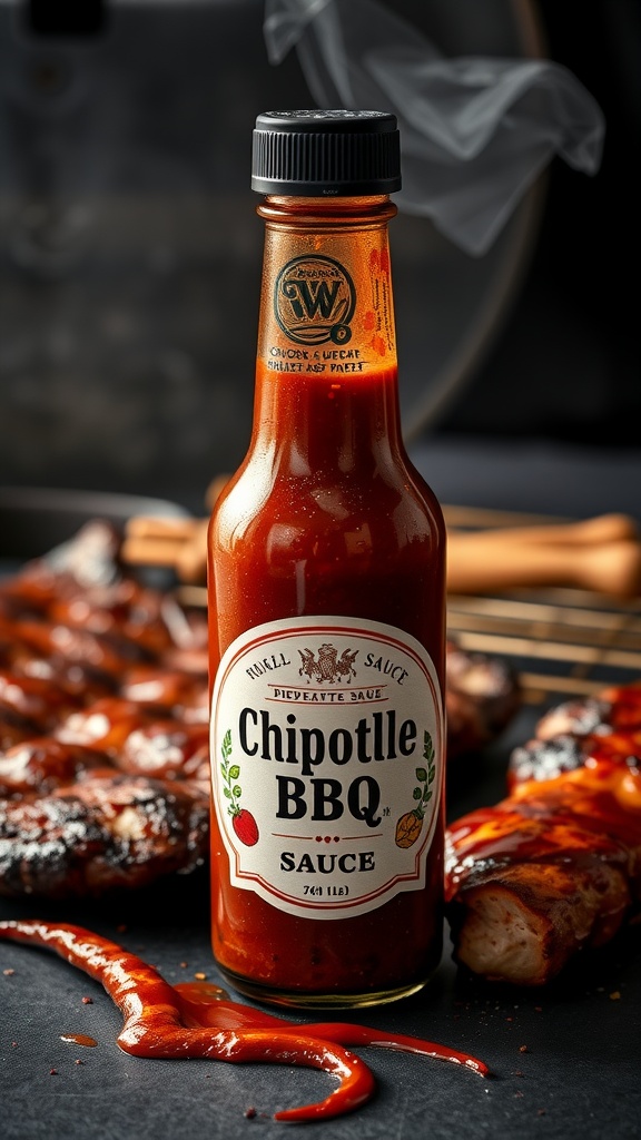 Bottle of Smoky Chipotle BBQ Sauce with a rich red color and a label, surrounded by BBQ food.