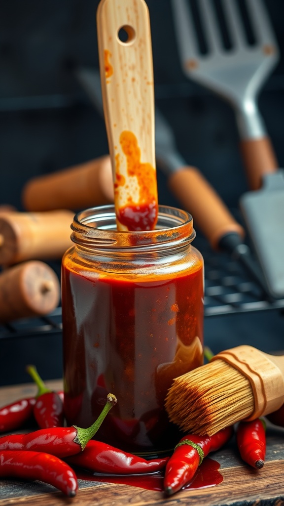 A jar of Smoky Chipotle BBQ Sauce with a wooden spoon and red chili peppers around it.