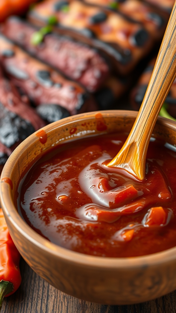 A rich smoky chipotle BBQ sauce in a wooden bowl with a spoon, ready for use.