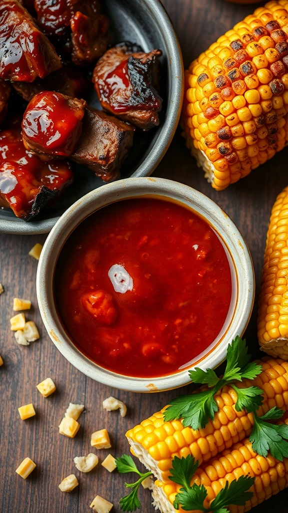 A bowl of smoky chipotle BBQ sauce next to grilled meat and corn on the cob.