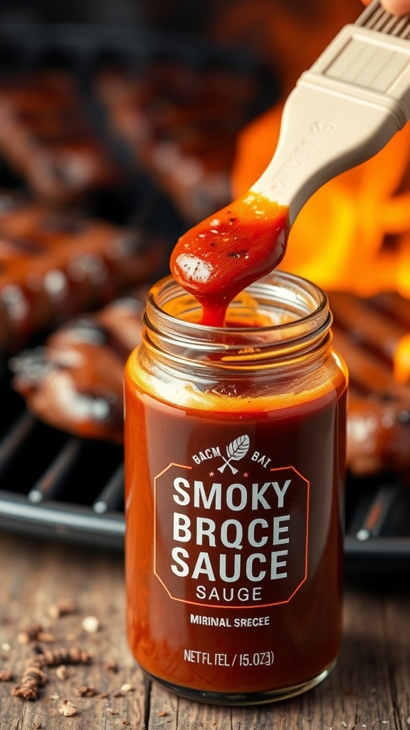 A jar of smoky chipotle BBQ sauce with a brush dripping sauce.