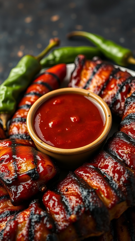 Homemade Smoky Chipotle BBQ Sauce in a bowl, surrounded by grilled meats.