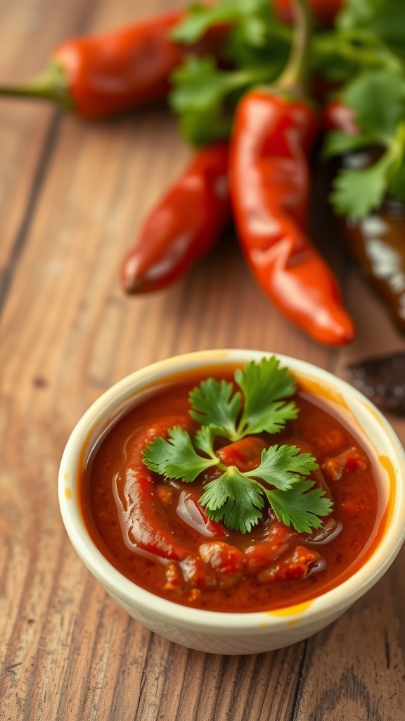 A bowl of smoky chipotle sauce garnished with cilantro, surrounded by red chili peppers.