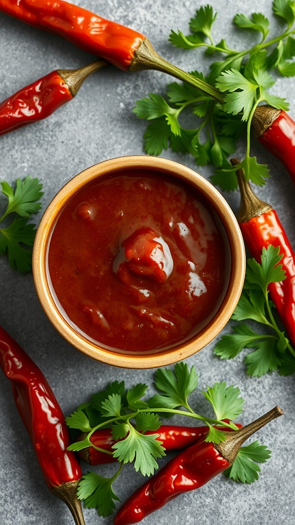 Bowl of Smoky Chipotle Sauce with red chilies and fresh cilantro.