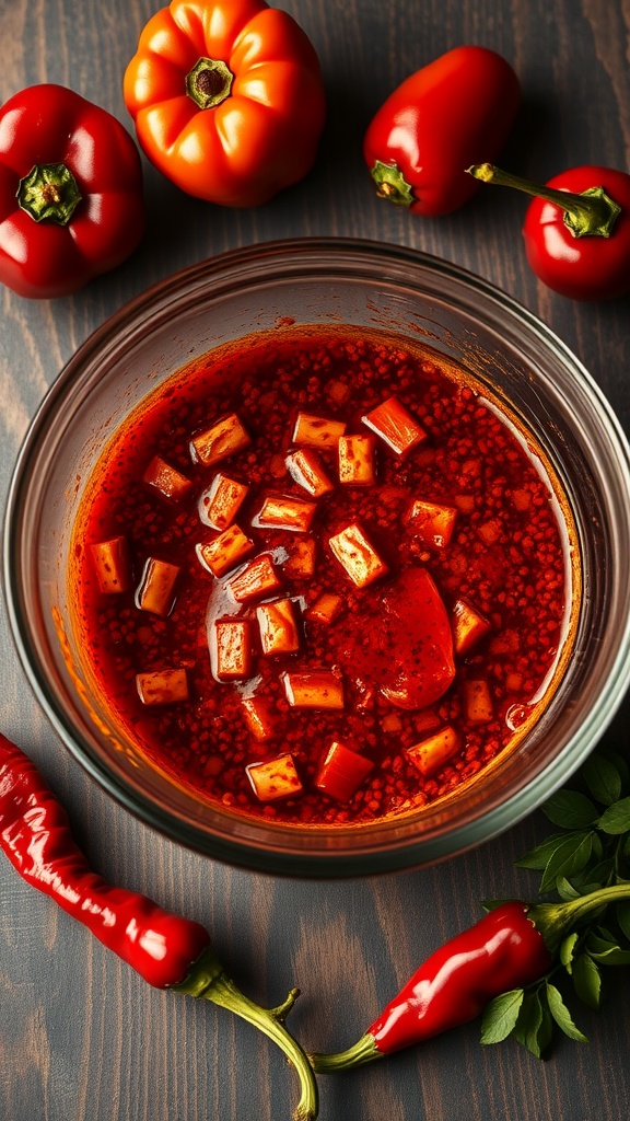 A vibrant bowl of smoky paprika marinade surrounded by fresh peppers and herbs.