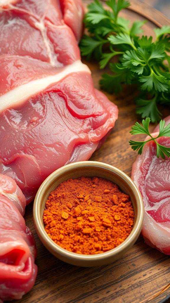 A bowl of smoky paprika rub with fresh meat and herbs nearby.