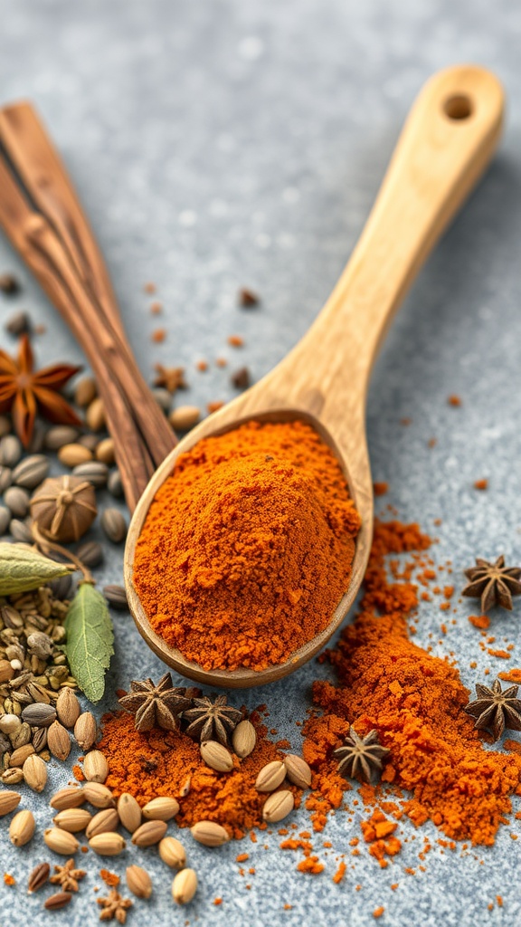 A wooden spoon filled with smoky paprika spice blend surrounded by various spices.