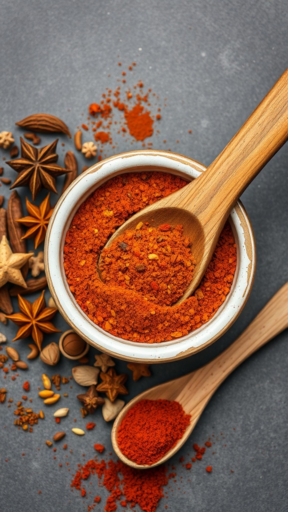 A bowl of smoky paprika spice mix with spices scattered around.