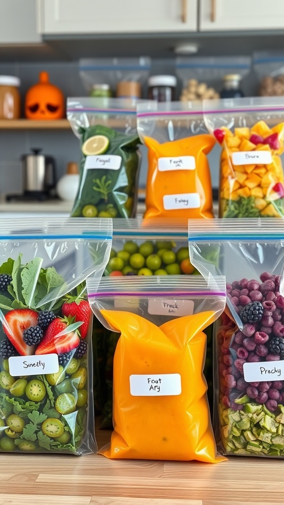A collection of labeled smoothie packs filled with various fruits and vegetables, ready for freezing.