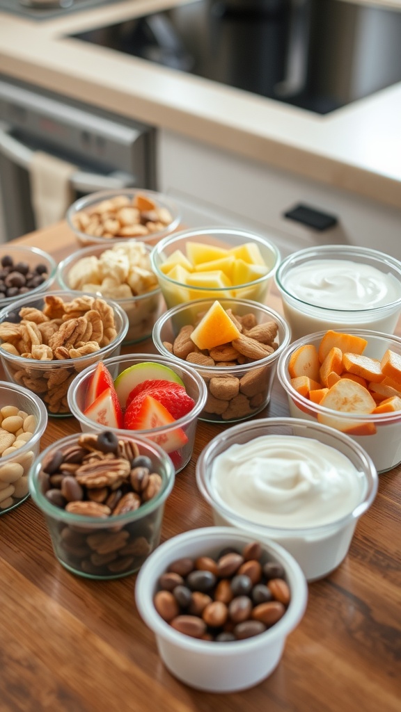A variety of healthy snacks prepared in small containers