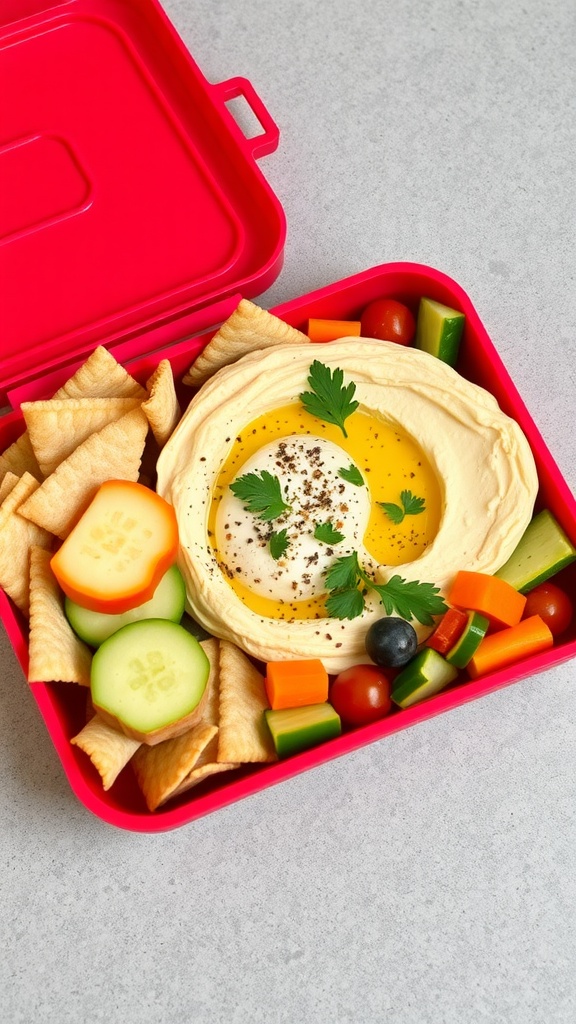 A vibrant snackable hummus platter featuring hummus, assorted fresh vegetables, and pita chips.