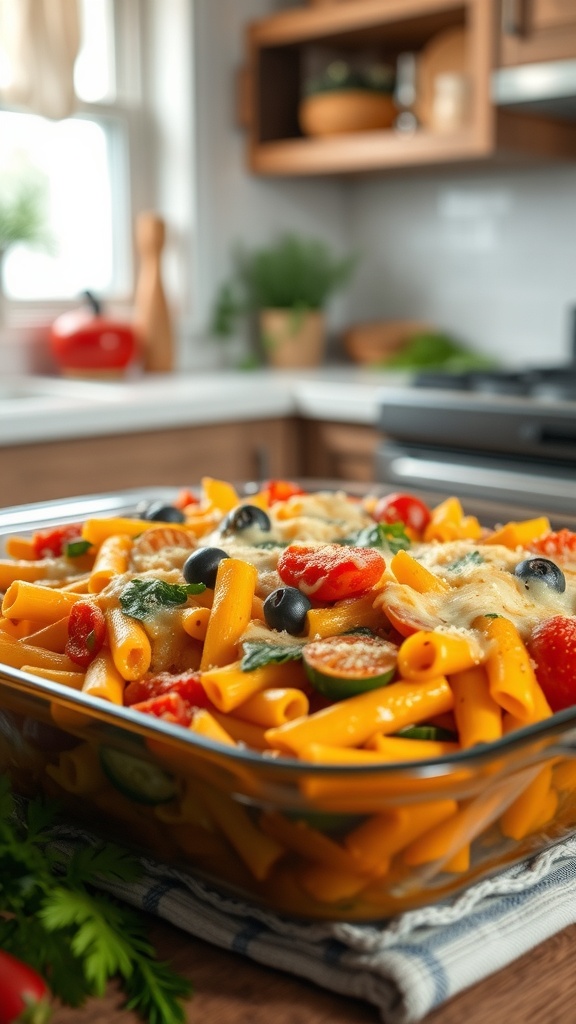 A delicious pasta bake with colorful vegetables and melted cheese.
