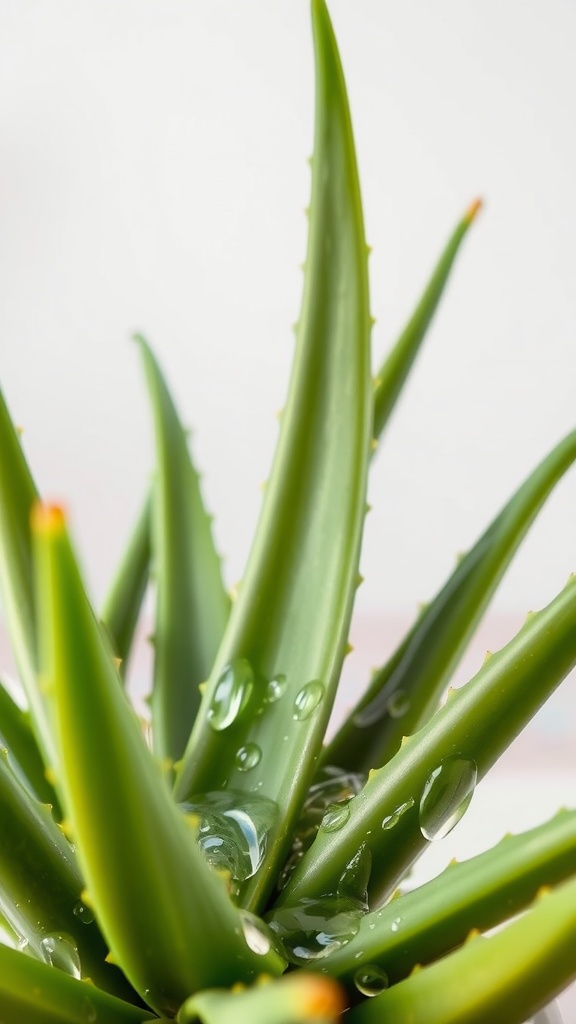 Close-up of aloe vera leaves with droplets of water, showcasing their fresh and vibrant appearance.