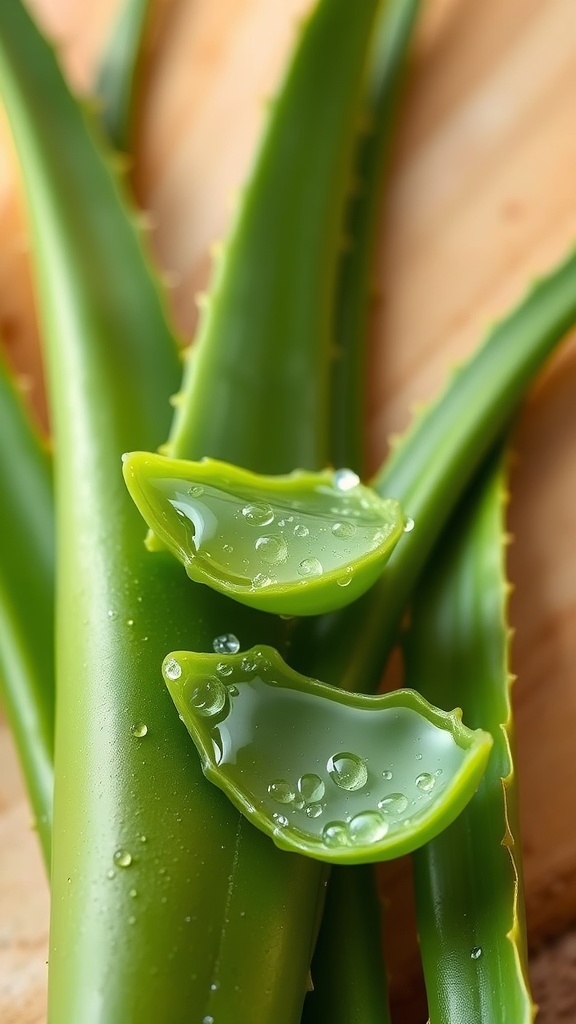Fresh aloe vera leaves with droplets of water, highlighting the gel inside.