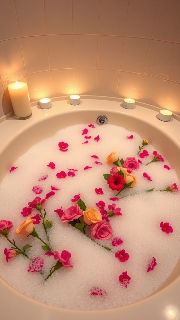 A relaxing bath scene with rose petals and candles