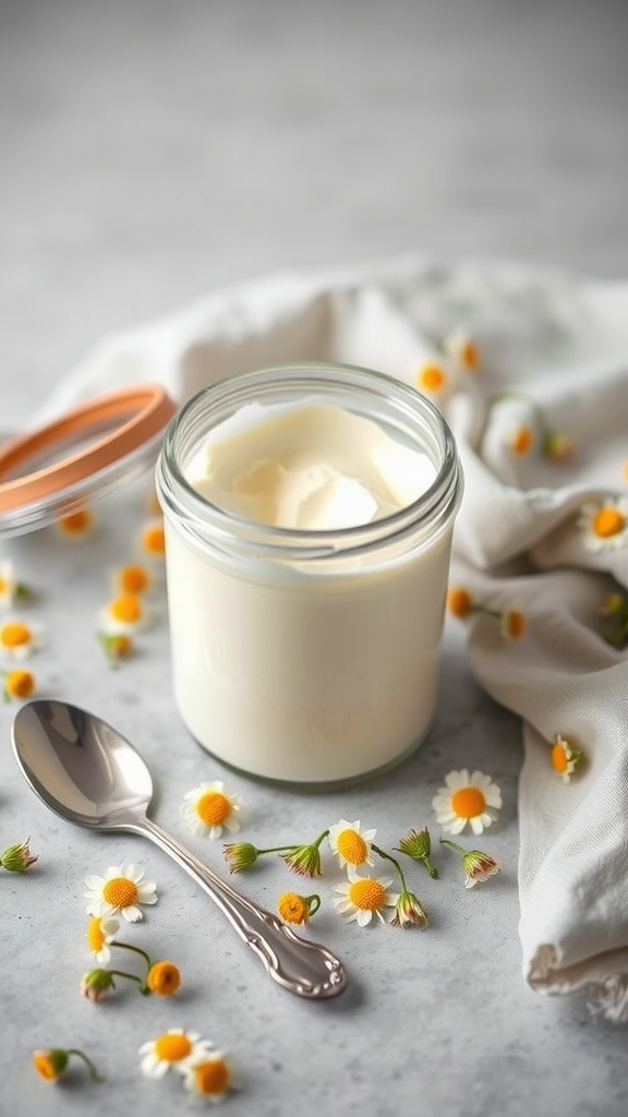 Jar of yogurt with chamomile flowers and a spoon on a grey surface