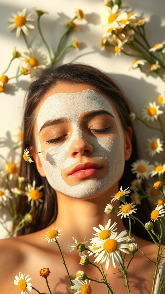 A woman with a facial mask, surrounded by chamomile flowers.