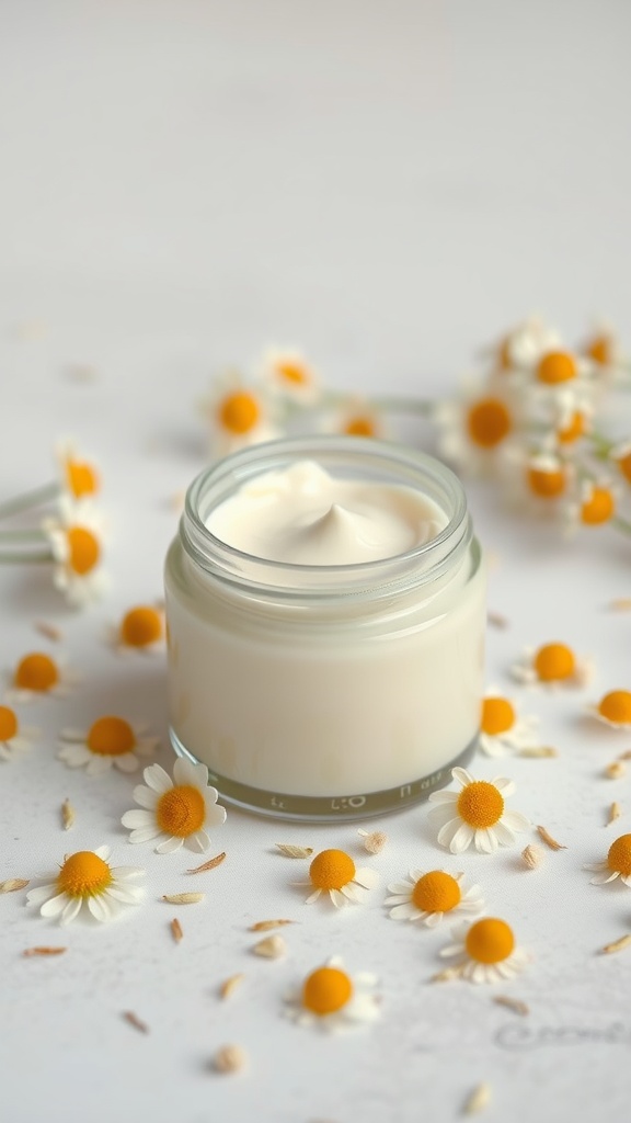A jar of soothing chamomile infused cream surrounded by chamomile flowers.
