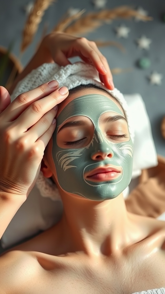 A person applying a soothing clay mask on their face, showcasing a relaxing skincare routine.