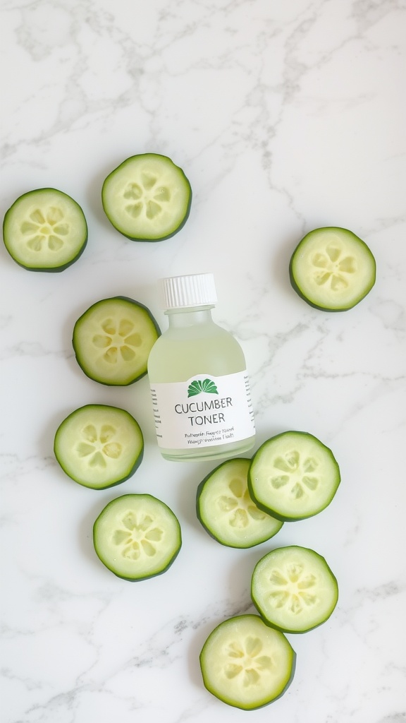 Cucumber slices and a bottle of cucumber toner on a marble surface.