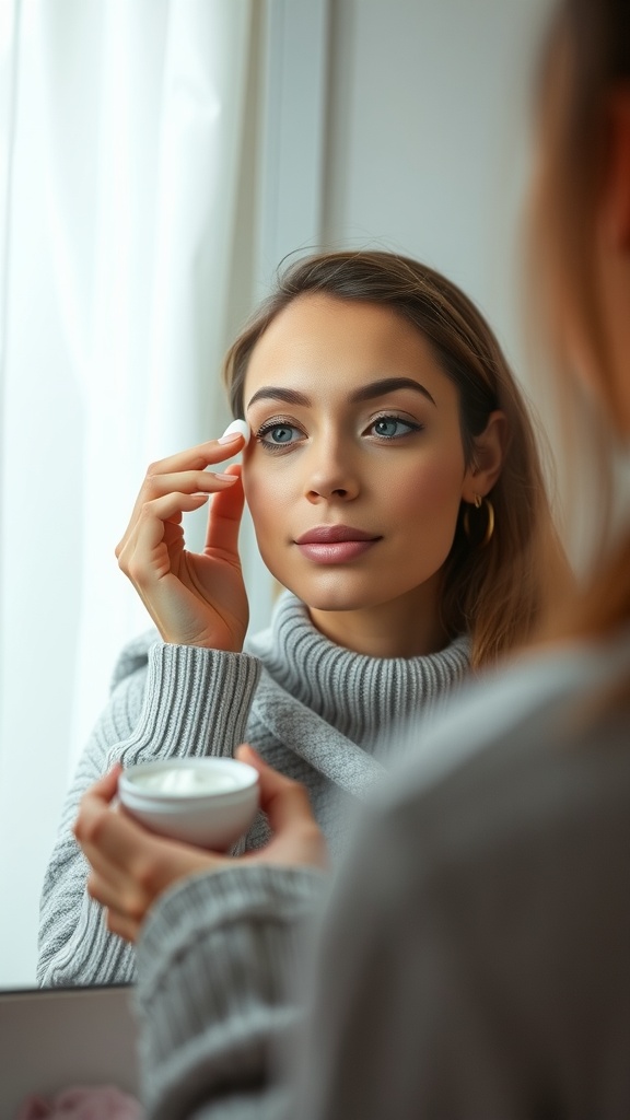 A woman applying soothing eye cream in front of a mirror.