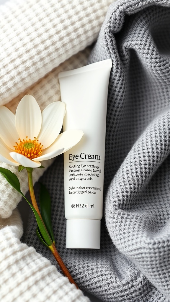 A soothing eye cream tube placed beside a flower and textured fabric.