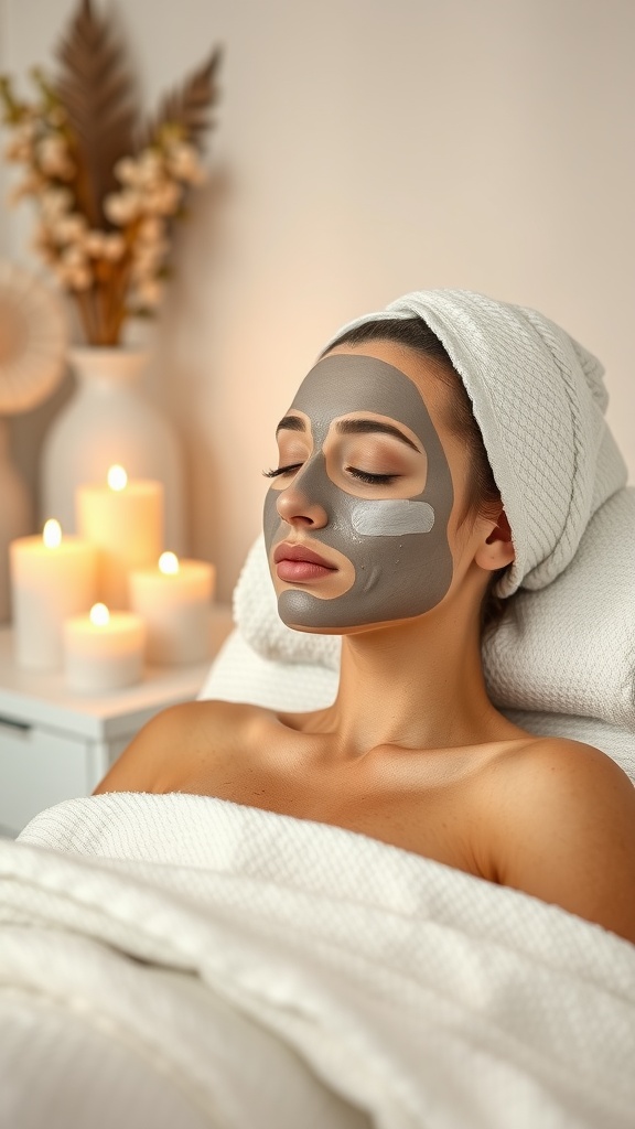 A woman relaxing with a gray face mask on, surrounded by candles and a cozy atmosphere.